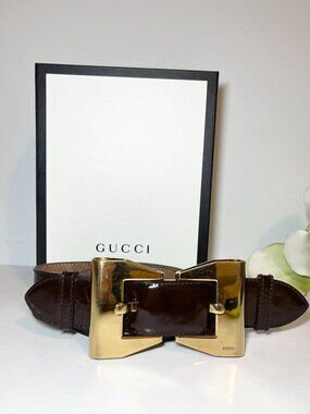 GUCCI Patent Leather Burgundy Belt Gold BOW BUCKLE Women Size 80-32 Queen Waist